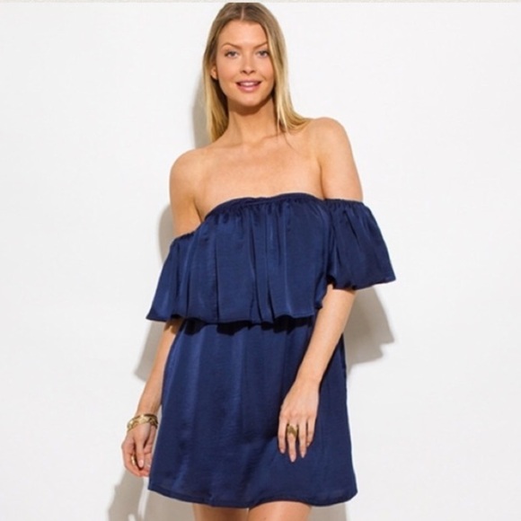 New With Tags Blue Ruffle Off Shoulder Dress - Picture 1 of 3